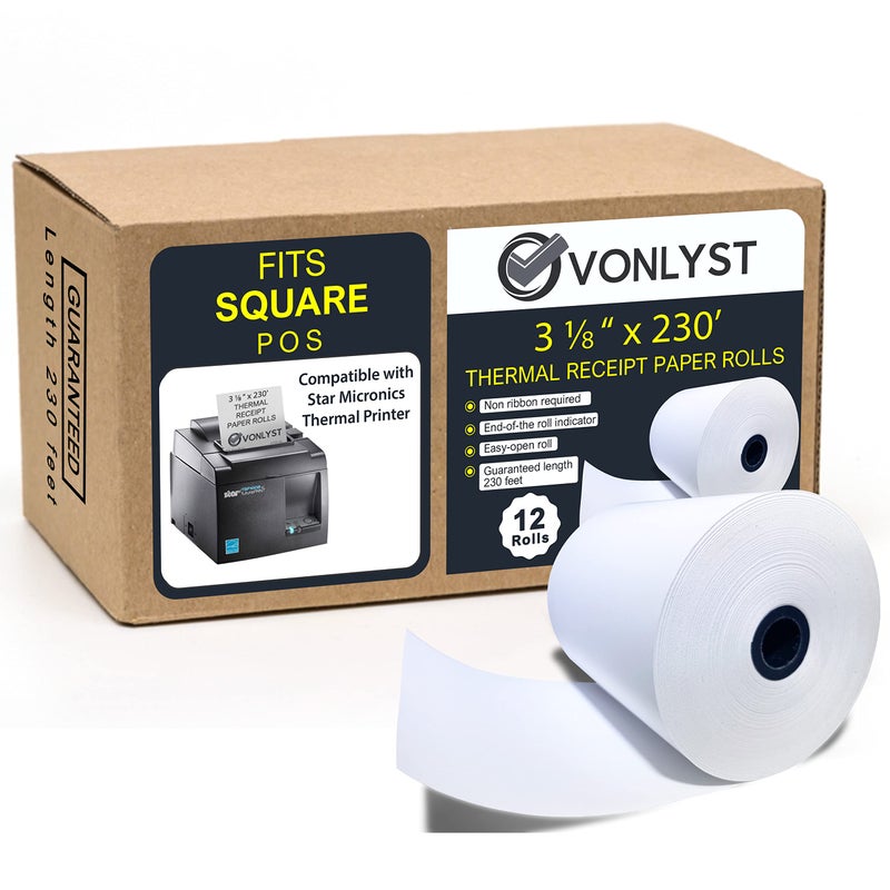 Vonlyst Receipt Paper Roll 3 1/8 x 230 for Square Register and Square POS System connected to Star Micronics Thermal Printer (Pack 12 rolls) - Image 1